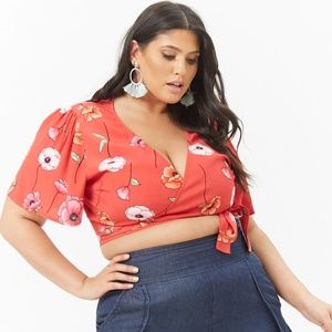 Red Floral Surplice Crop Top 1X